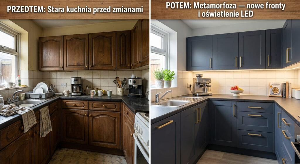 Kuchnia przed i po wymianie frontów kuchennych na nowe, lakierowane fronty MDF w pracowni MebleNaNowo